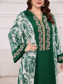 Al Najma 大码女式春夏阿拉伯服装，带植物印花、拼布和抽绳兜帽，休闲长袖连衣裙 - 彩色 - 查看 6