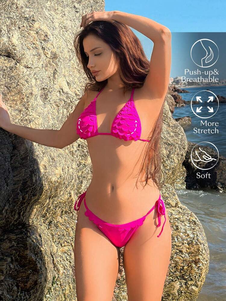 Ladies' Solid Color Halter Neck Bikini Set Summer Beach