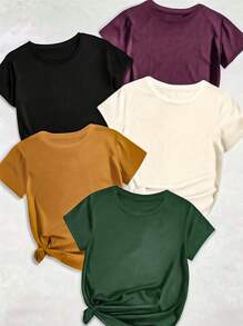Calvaya Camiseta De Talla Grande Con Cuello Redondo, Manga Corta Y Color Sólido - Multicolor - Ver 1