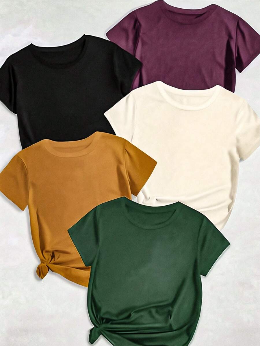 Calvaya Plus Size Round Neck Short Sleeve Solid Color T-Shirt - Multicolor - View 1