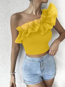 SHEIN VCAY Women's Solid Color Ruffle Trim Asymmetric Neckline Sleeveless Summer Top - Mustard Yellow - View 5