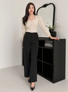DAZY 商务休闲方领长泡泡袖短款女士衬衫长袖上衣 - 米色 - 查看 2