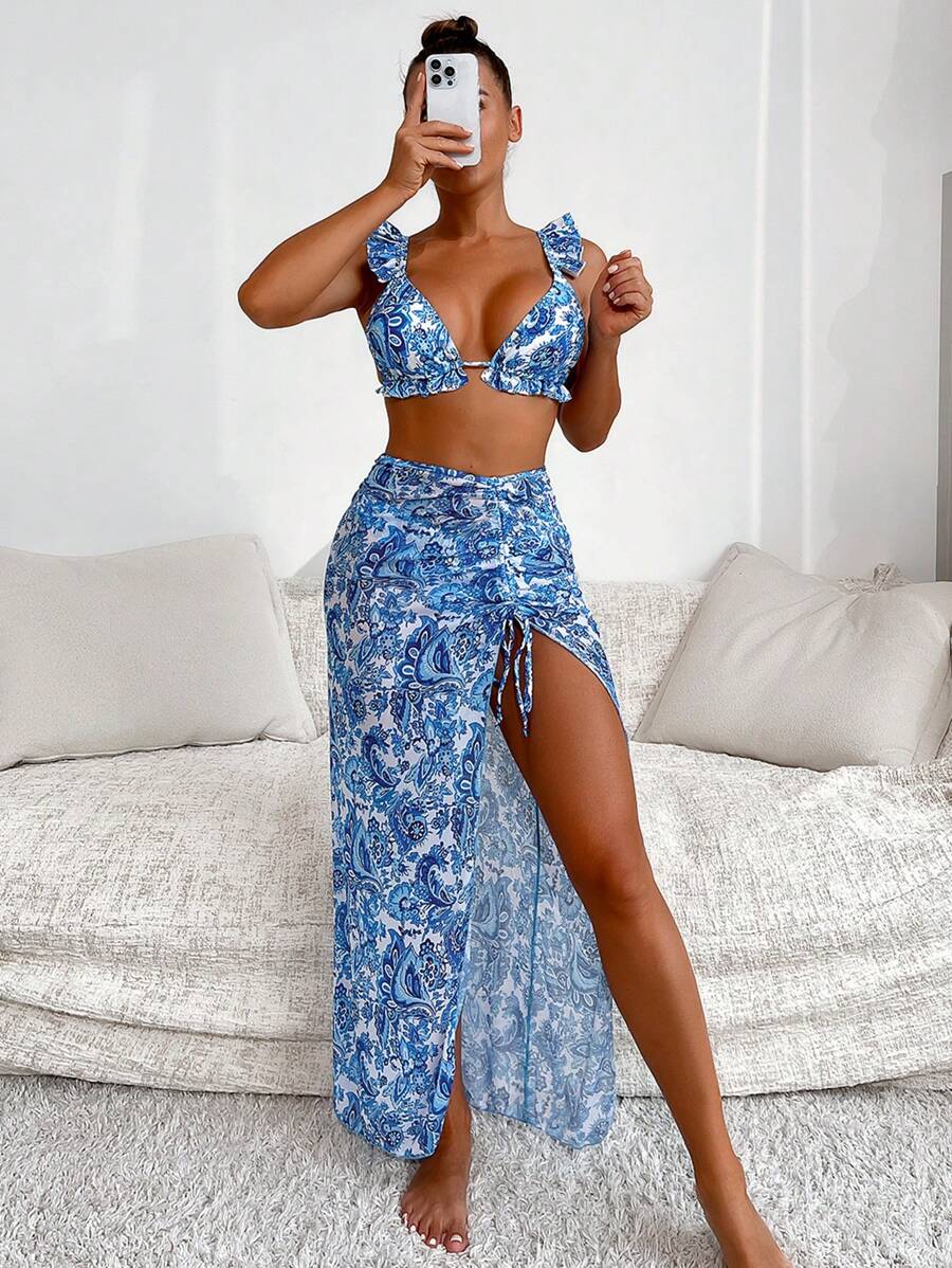 SHEIN Swim Ladies' Vacation Style Flower Print Patchwork Ruffled Split Bikini Set Paired With Drawstring Cover-Up Skirt, Three-Piece Set, Summer Beach - Blue - View 1