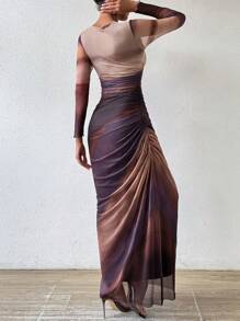 Rafferiza Women's Ombre Long Sleeve Pleated Dress Maxi Women Outfit Fall Cloth For Women - Maroon - View 2