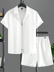 Manfinity Homme Men's Comfortable Pure White Single Pocket Short Sleeved Shirt With Elastic Waistband And Drawstring Double Pocket Shorts Set, Men's Leisure Vacation, Home Office, Party Dinner, Simple, Easy To Take Care Of And Versatile, The Best Gift For Boyfriends Or Husbands, Cozy Outfits - White - View 7