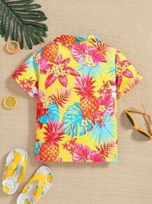 SHEIN Wildeya Camisa con cuello y manga corta con estampado de piñas y flores para chico joven, ideal para vacaciones de verano