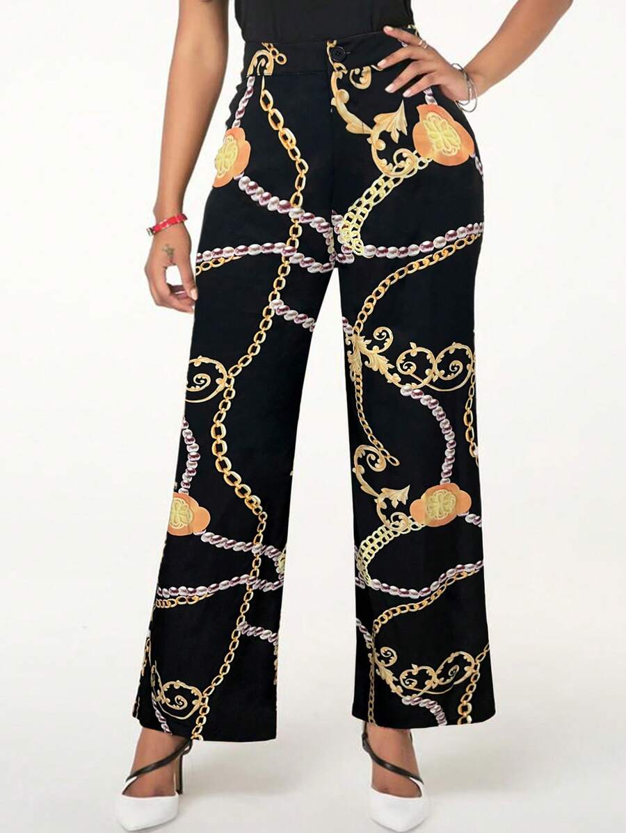 1pc Ladies' Printed Wide-Leg Pants With Chain Detail - Multicolor - View 1