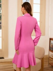 Aveloria Solid Color Metal Buckle Asymmetric Ruffle Hem Long Sleeve Suit Dress - Hot Pink - View 2