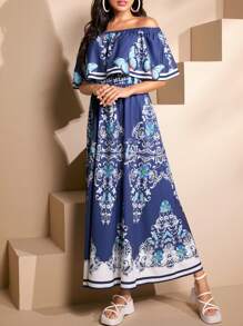 Seusyu Women's Ruffled Off Shoulder Floral Butterfly Print Arabian Dress - Blue - View 12