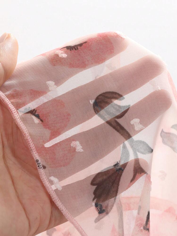 Women's Floral Print Shirt With Scalloped Collar And Long Sleeves, Suitable For Summer,Ruffle Sheer Easter