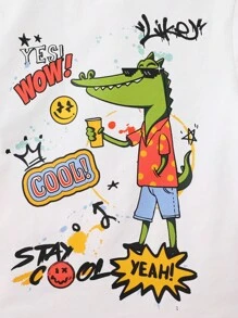 SHEIN Baby Boy's Letter & Crocodile Patterned Short Sleeve T-Shirt And Shorts Set - Blue - View 14