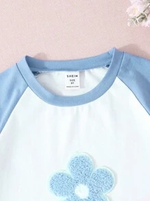SHEIN Tween Girl Blue Printed Raglan Sleeve Short Sleeve T-Shirt