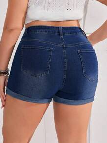 EMERY ROSE Plus Size Rolled Hem Washed Denim Shorts - Dark Wash - View 2
