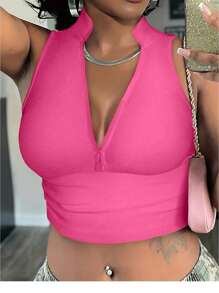 INAWLY Women's Zipper Front Cropped Tank Top - Rose Red - View 4