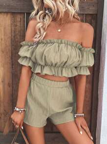 Breezaya Women's Off-Shoulder Crop Top And Shorts Set For Summer - Khaki - View 4