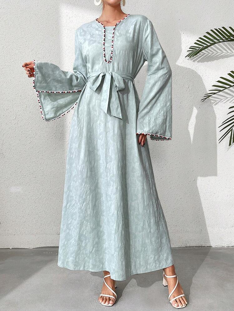 Women's Split Hem Flare Sleeve Dress With Pom Pom Trim