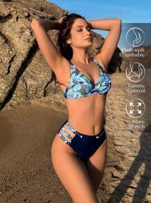 SHEIN Swim Summer Tropical Printed V-Neck Bikini Set With Patchwork Design - Multicolor - View 1