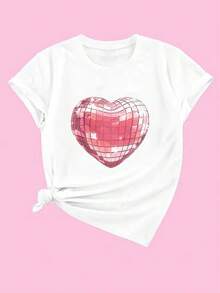 SHEIN EZwear Của phụ nữ In Trái tim Vòng cổ Ngắn tay Áo thun - trắng - Xem 1