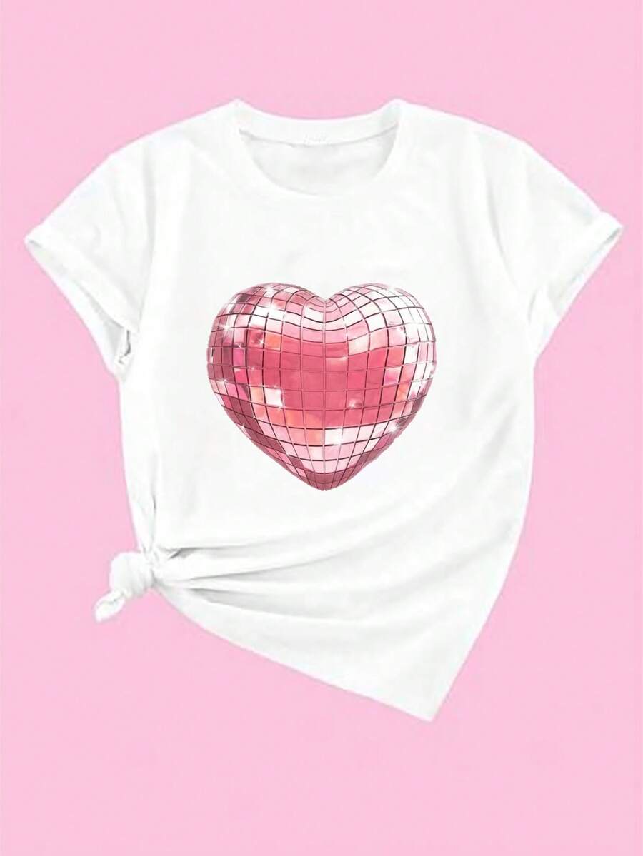 SHEIN EZwear Của phụ nữ In Trái tim Vòng cổ Ngắn tay Áo thun - trắng - Xem 1