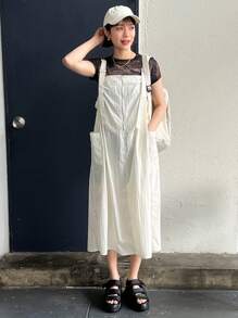 FRIFUL Solid Color Patchwork Pocket Strap Dress - White - View 9