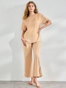 Ocili Leisure Women's Solid Color Drop Shoulder Short Sleeve Homewear Set