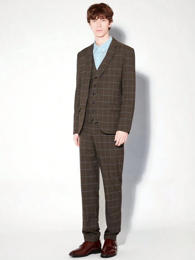Easy Care Men's Woven Business Long Sleeve Plaid Blazer, For Fall Winter