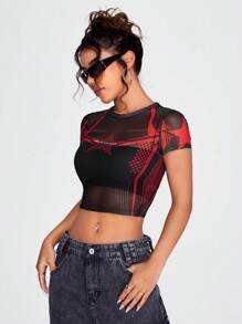 SHEIN EZwear Lá thư Và In Sao Mùa vụ Lưới Áo Không có Ống - màu đen - Xem 5