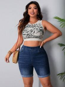 SHEIN LUNE Pantaloni Corti In Denim Taglia Plus, Adatti Per L'estate - Blu lavato scuro - Visualizzare 3