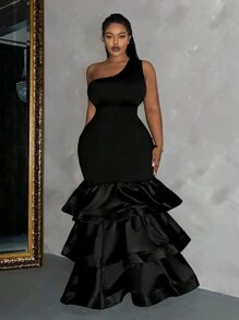 Slaydiva Dress Ukuran Plus Asimetris Ruffle Hem Tiered Layer Plain Pesta - Hitam - View 2