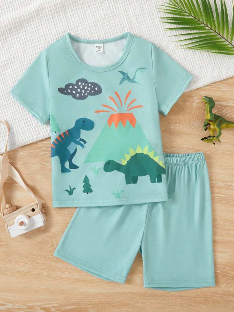 Young Boys' Mint Green Dinosaur Printed Short Sleeve T-Shirt And Shorts Set For Casual/ Homewear, Summer