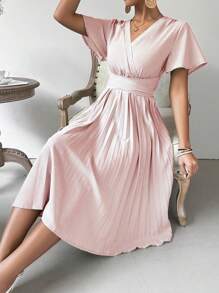 Chiquease Màu thuần Cổ chữ V Xếp li Eo & Ruffled Váy chữ A - Hồng - Xem 5