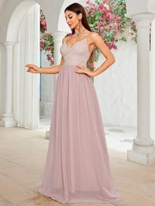 V-Neck Lace Eyelash Trim Chiffon A-Line Bridesmaid Maxi Dress - Pink - View 5