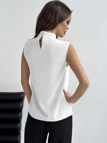 Aloruh Camisa De Cuello Alto Para Mujer Con Hombro Acolchado De Color Sólido Y Decoración De Perlas, Adecuada Para El Verano