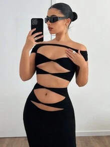 SHEIN ICON Bộ trang phục hai mảnh hở vai khoét sâu và chân váy cạp trễ thời trang mùa hè Y2K dành cho nữ - màu đen - Xem 1