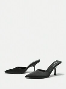 Women's Pointed Toe Thin Heel Mules With Covered Toe Cavity, Simple & Fashionable Style - Black - View 11