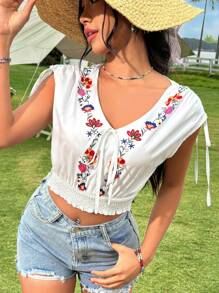 SHEIN Unity Floral Print V-Neck Wrap Hem Blouse With Waist Belt - White - View 4