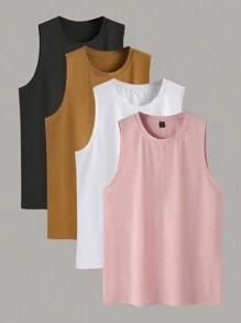 Manfinity Homme Gói 4 chiếc áo ba lỗ cổ tròn màu trơn thường ngày cho nam - Nhiều màu - Xem 5