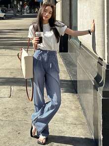 DAZY Của phụ nữ Gấp lại Xếp li Quần legging thẳng - Rửa nhẹ - Xem 3