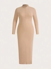 SHEIN BASICS Plus Size Solid Color Half Zippered Bodycon Dress With Long Sleeve - Khaki - View 1