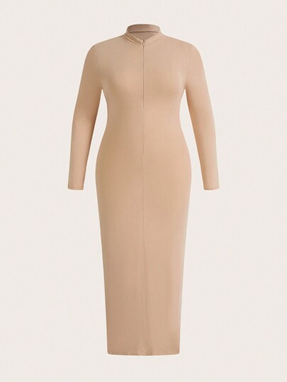 SHEIN BASICS Plus Size Solid Color Half Zippered Bodycon Dress With Long Sleeve
