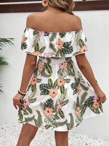 Breezaya 露肩弹力腰 A 字形迷你连衣裙，带荷叶边下摆，度假海滩装女款