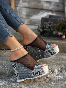 Sandali con zeppa e fondo spesso, sandali con tacco alto platform a punta aperta, pantofole con tacco spesso, estive, tacchi chunky, platform impermeabile, con laccetti forati - nero - Visualizzare 7