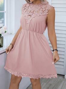 SHEIN Unity 大尺碼純色無袖蕾絲拼接連衣裙 - 藕粉色 - 查看 3