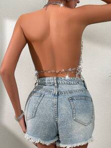 Summer Sleeveless Halter Neck Top With Diamond, Tassel And Hollow Out Design On The Back - White - View 2