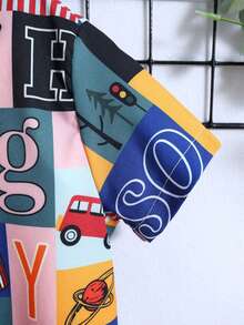 2入組幼兒男童可愛休閒印花領襯衫,帶一個口袋和純色短褲,適合外出、度假、學校、春夏季節穿著 - 藍色 - 查看 5