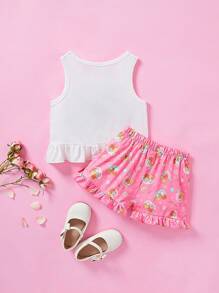 HELLO KITTY AND FRIENDS | SHEIN 少女月亮卡通印花荷葉邊背心上衣和粉色短褲睡衣套裝 - 粉色 - 查看 2