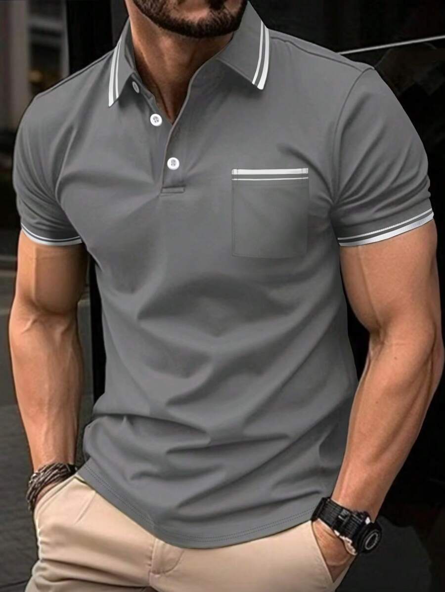 Manfinity Homme Men's Striped Short Sleeve Polo Shirt - Dark Grey - View 1