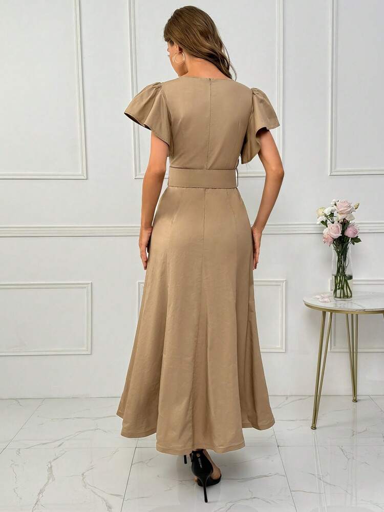 Solid Color V-Neck Ruffle Trimmed Cinching Waist Dress Long Evening Dresses
