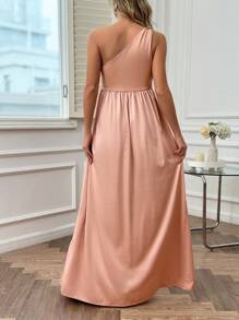 SHEIN 女性素色簡單斜肩孕婦裝,腰帶裝飾 - 粉色 - 查看 3