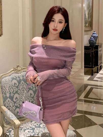 DAZY Vestido de fiesta de manga larga con hombros descubiertos, ajustado y de un solo color, elegante y de moda para regreso a clases, Año Nuevo, otoño y baile de graduación. Vestido sexy.